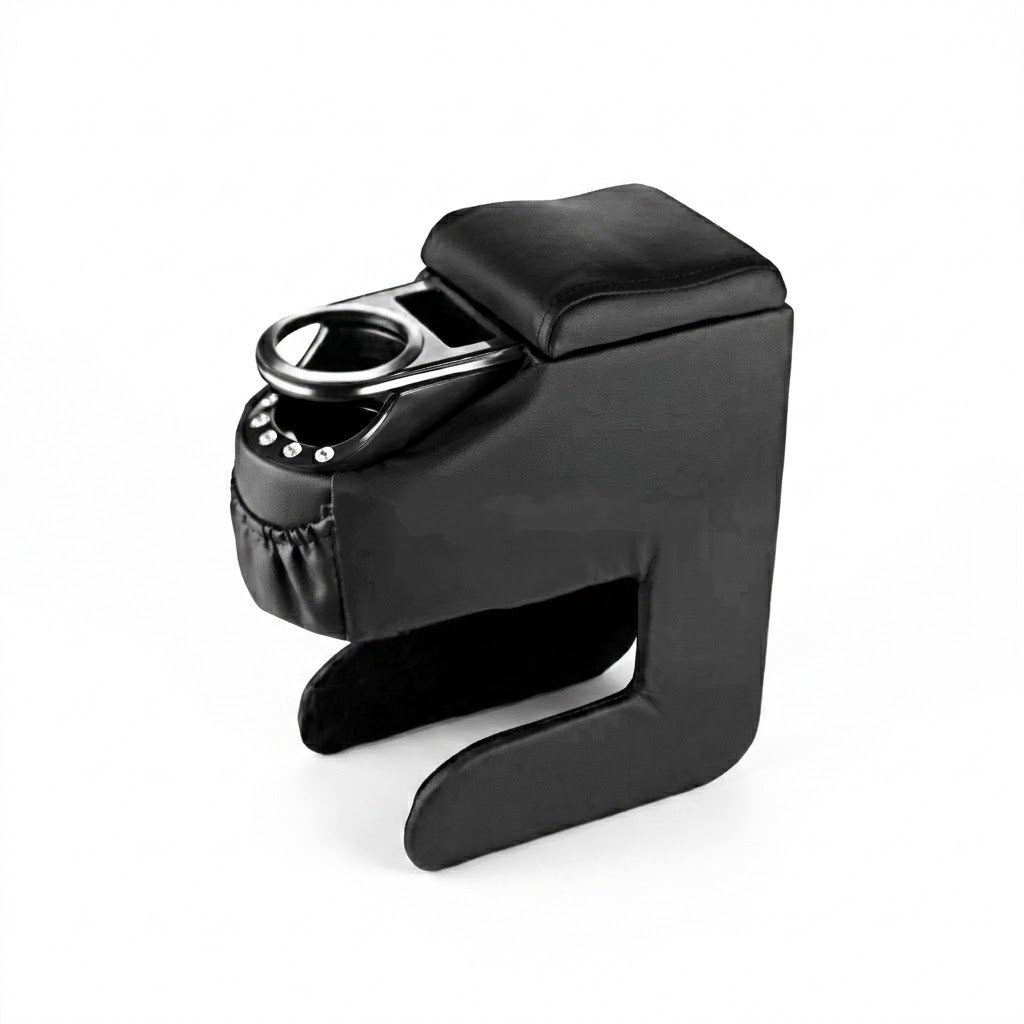 Luxury Car Center Console Armrest Cushion Pad with Built-in Cup Holder & Organizer Pocket - Black | Premium Quality by New Heera Auto