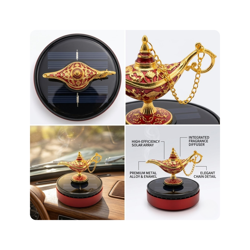 Solar Powered Aladdin Lamp Car Air Freshener - Luxury Rotating Dashboard Perfume & Aromatherapy Diffuser for Cars| Premium Quality by New Heera Auto