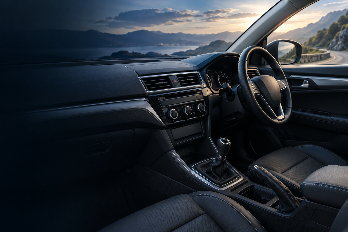 Car interior with a steering wheel and manual gear shift